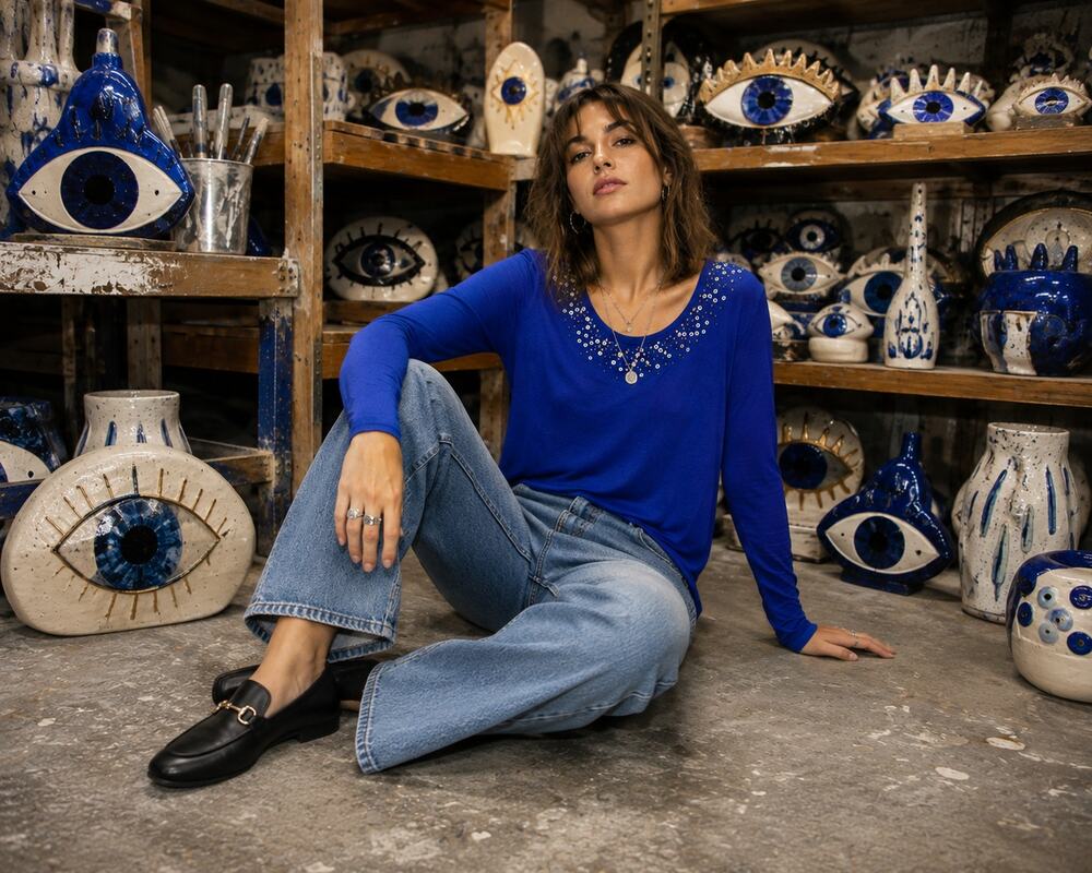 Ruby Rd Cobalt Blue Embellished Beaded Tunic Top Long Sleeve Large